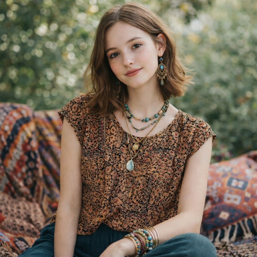 Vtg Jones New York Top Womens 14 Brown Silk Boho Tribal Indie Hippie Artsy